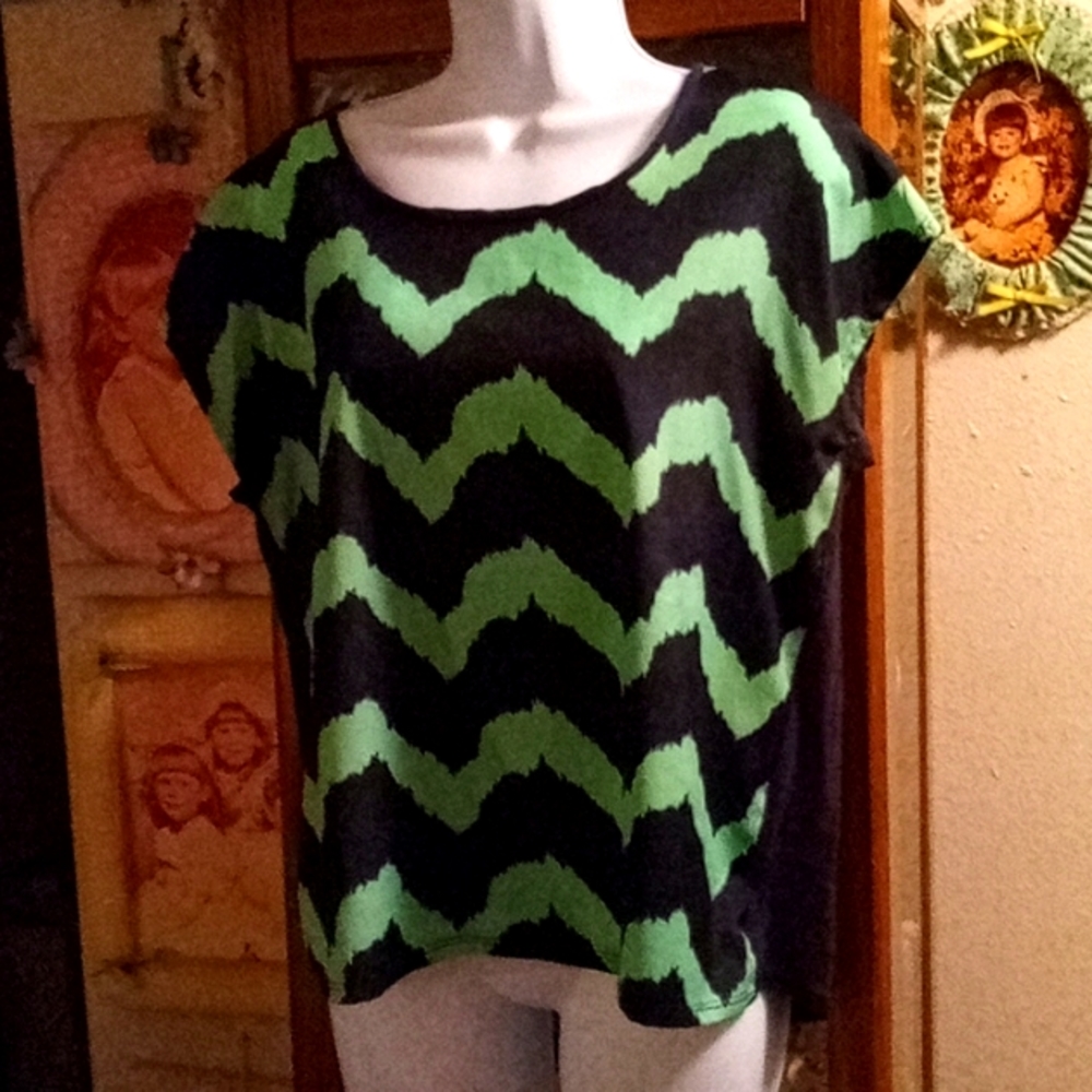 Navy Blue & Green, Striped, Top with Navy Blue Back